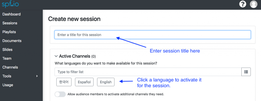 Create Session - screenshot of where to enter session title and enable languages