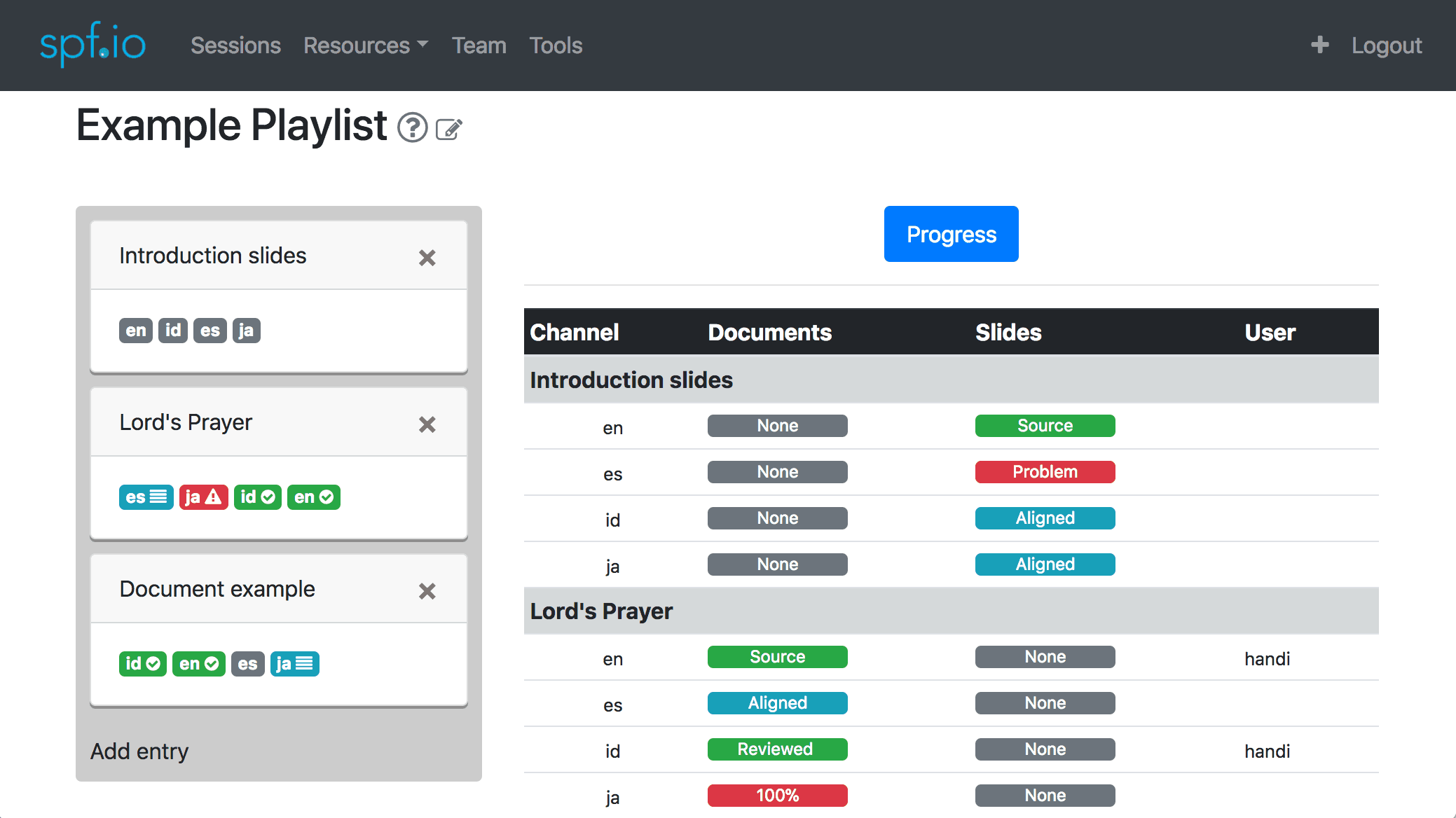 Simpler translation management with the new spf.io playlist editor. You can see at a glance the translation status of your documents and slides.
