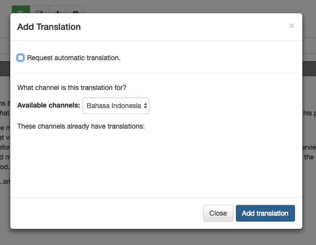 Add translation modal with "Request automatic translation" unchecked