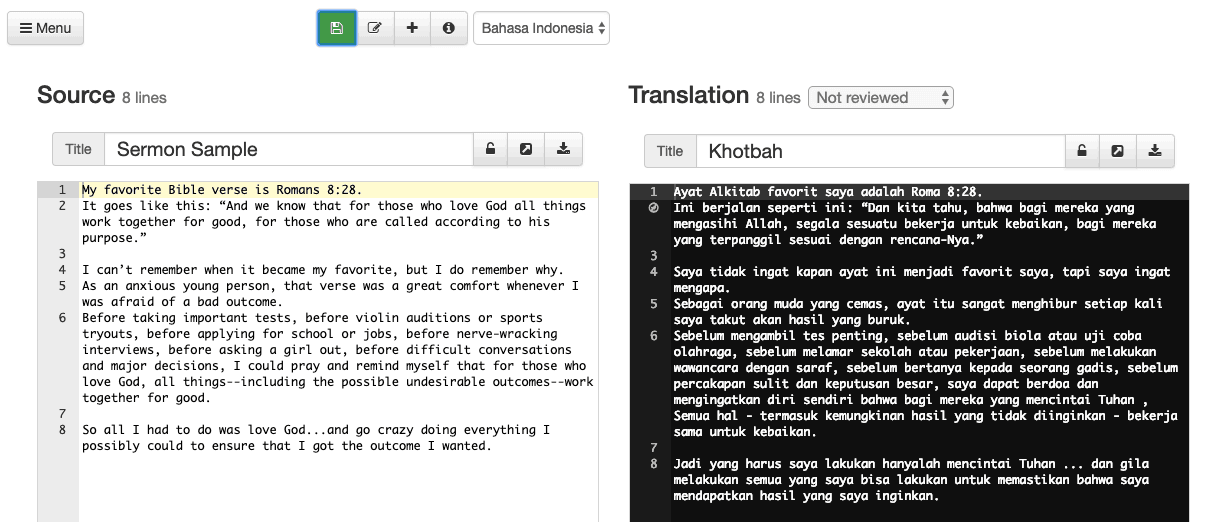 Side-by-side view of source document and translation