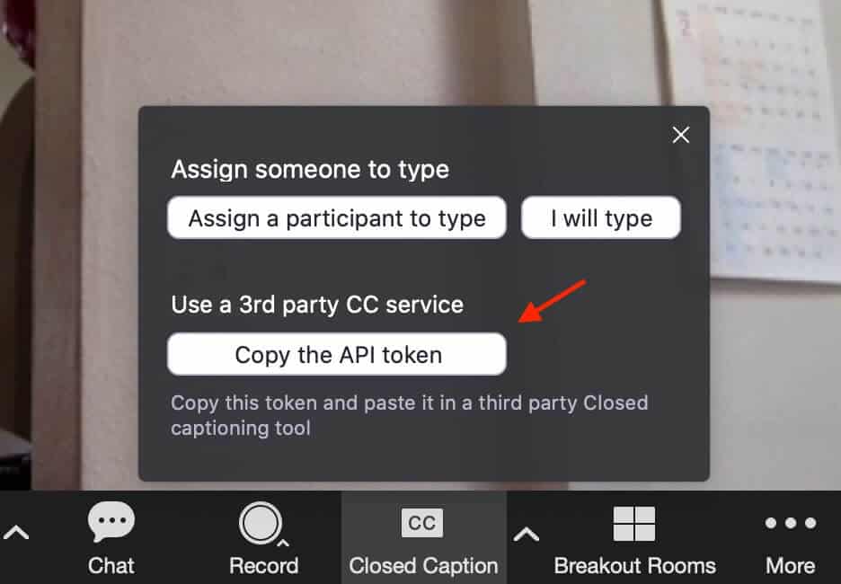 Copy API token to get Zoom captions