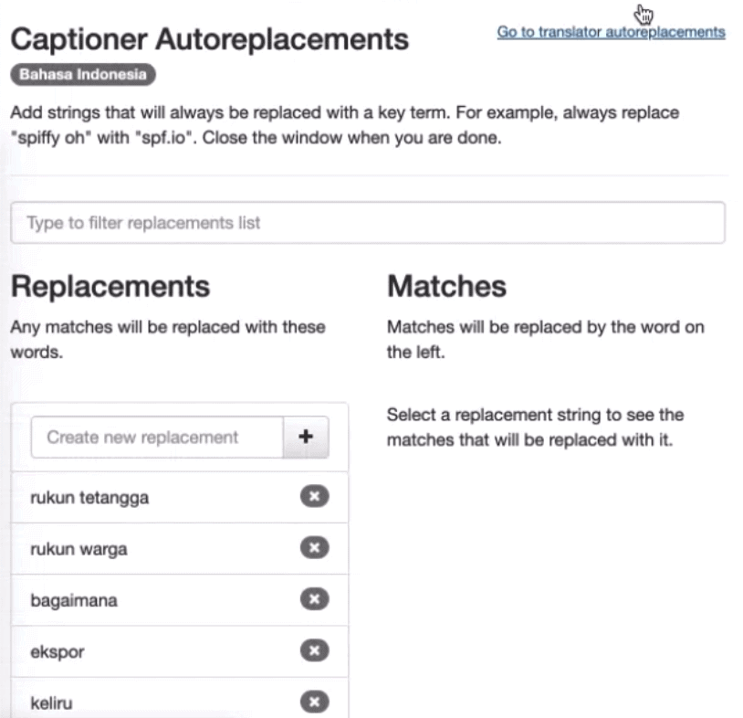 Translation Memory and Captioner autoreplacements