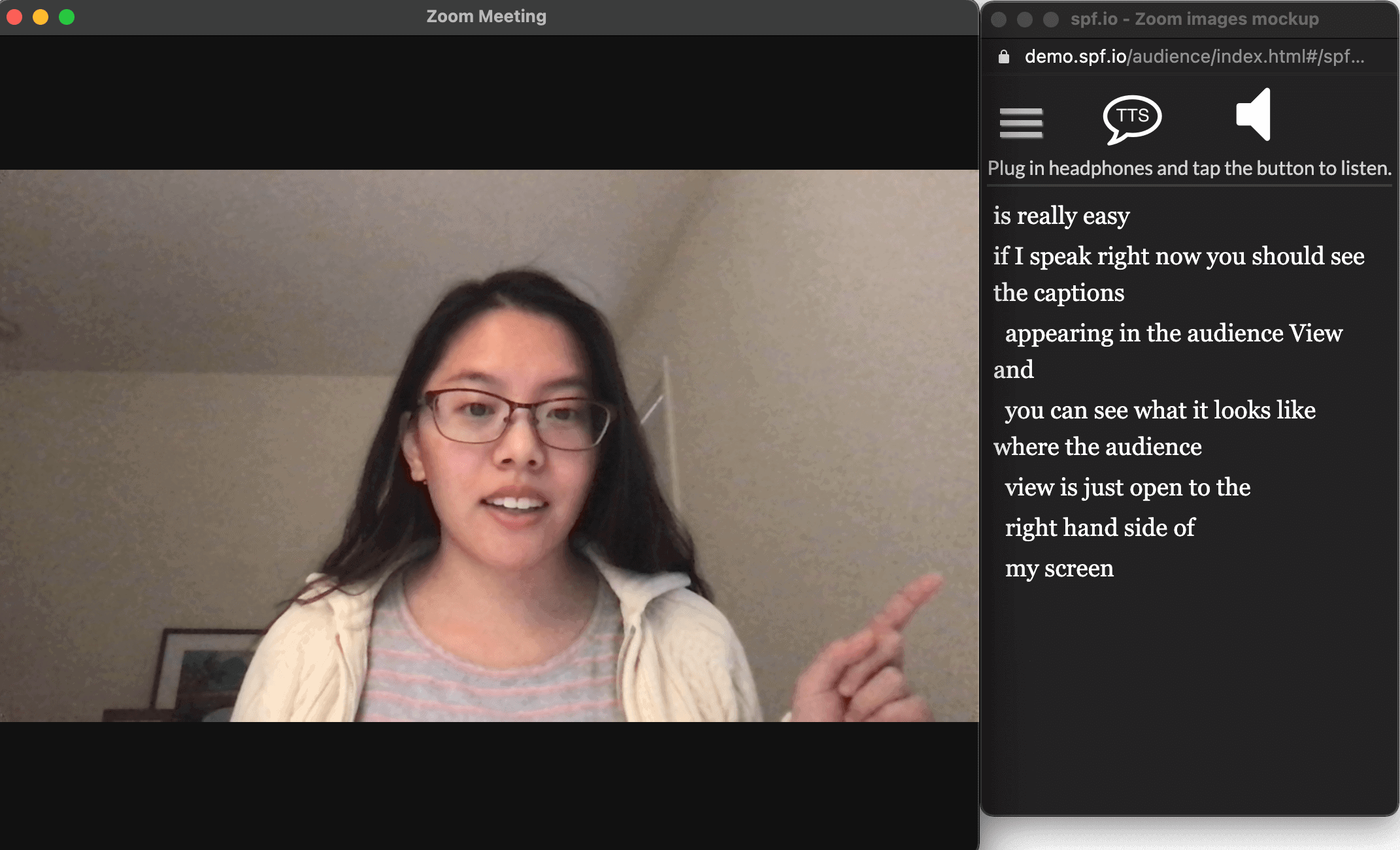 Zoom live transcription and translation using spf.io's audience view