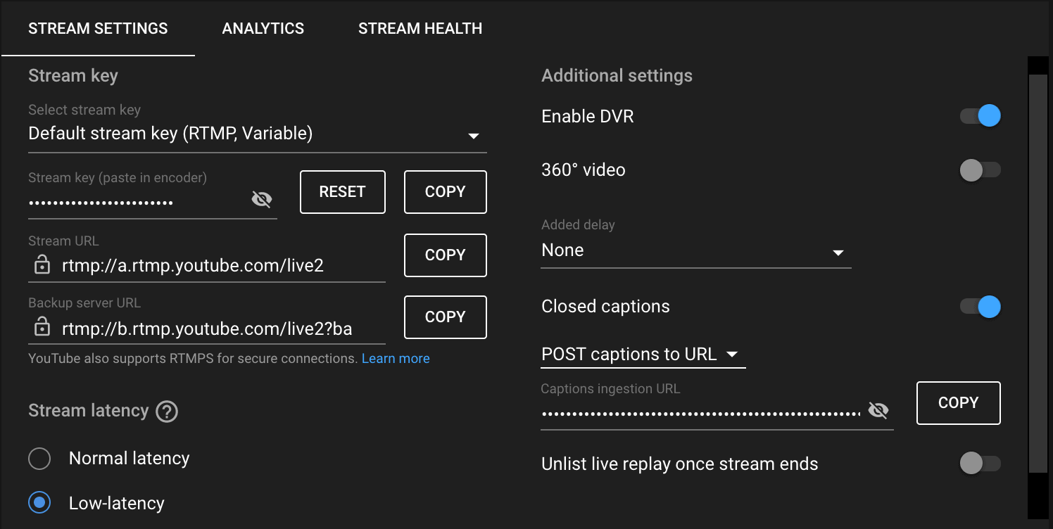 Settings for YouTube live subtitles