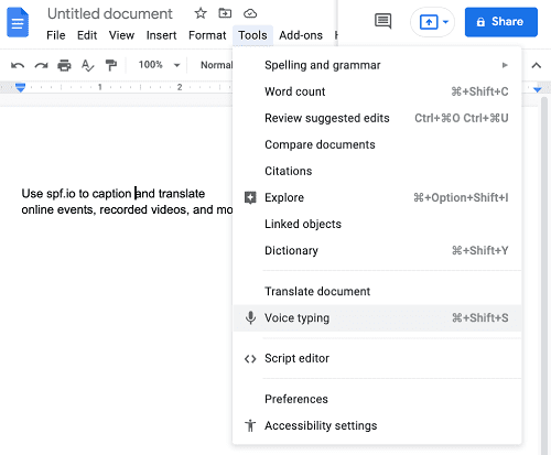 Transcribe in google docs - speech to text tools