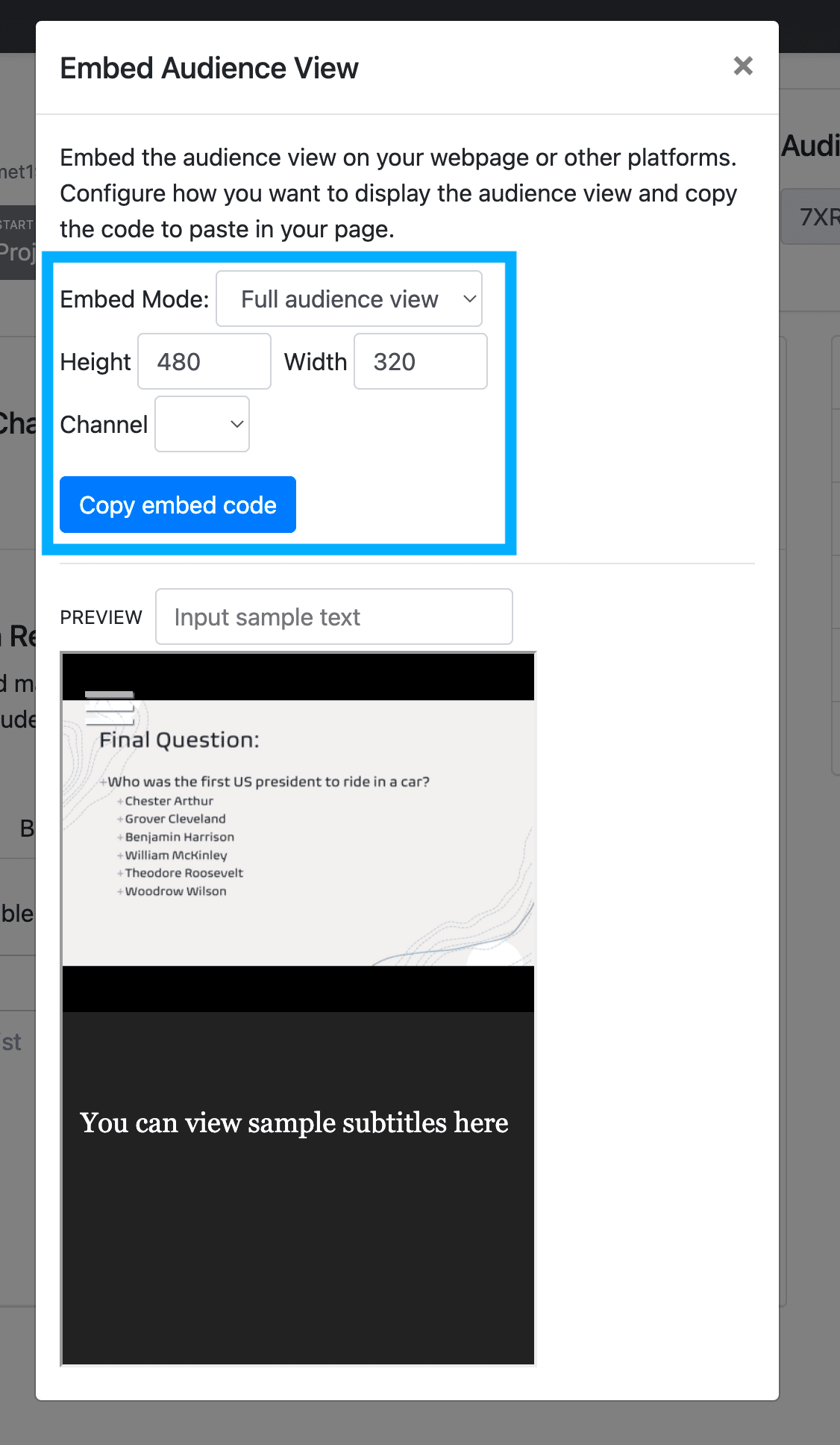 A screenshot of the "Embed Audience View" configuration modal settings for the Full audience view.