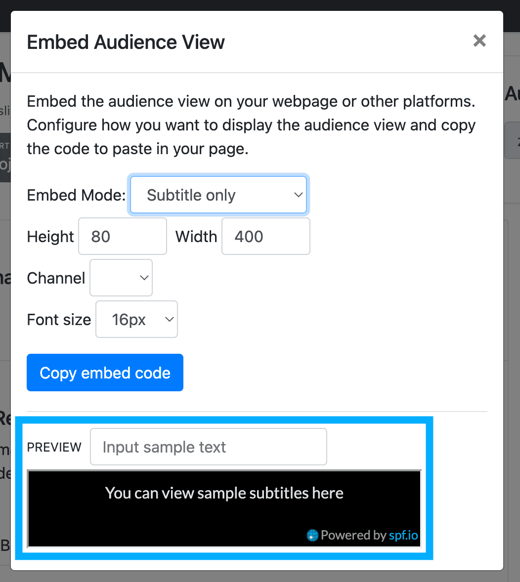 A screenshot of the "embed audience view" configuration modal