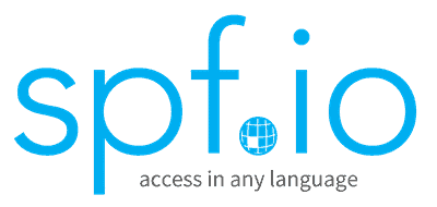 The spf.io logo is light blue with a stylized period that looks like a globe. There is the text "access in any language" underneath the logo.