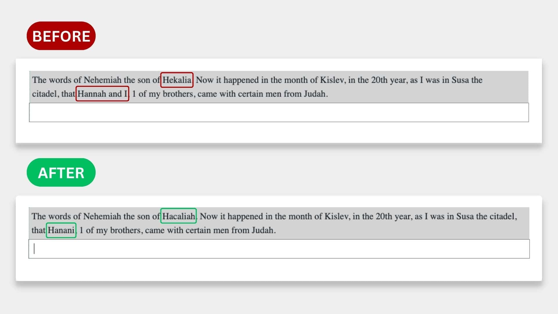 An example before and after Bible keyword boosting is activated in a session