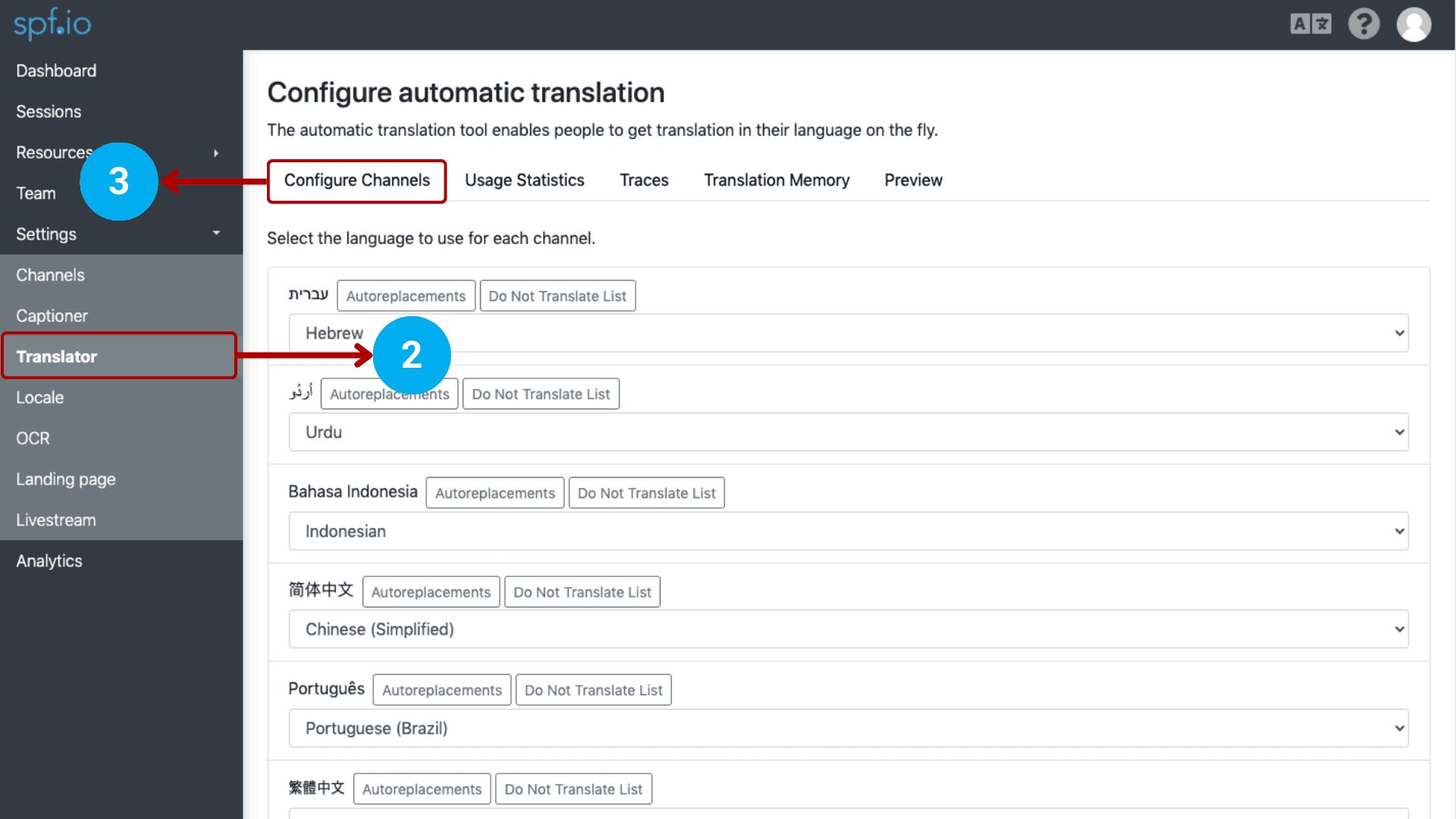 Go to the Translator settings and select Configure channels
