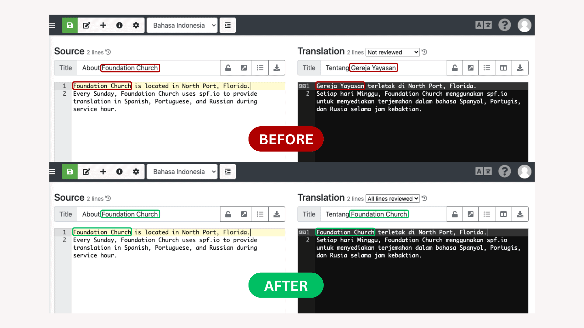 Before and after you add the words to the Do Not Translate list for Document Translation Portal