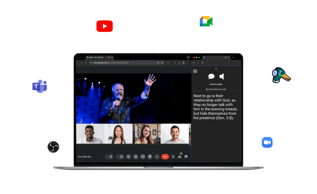 Mockup of a worship service live stream with spf.io's audience view embedded on the side of the stream