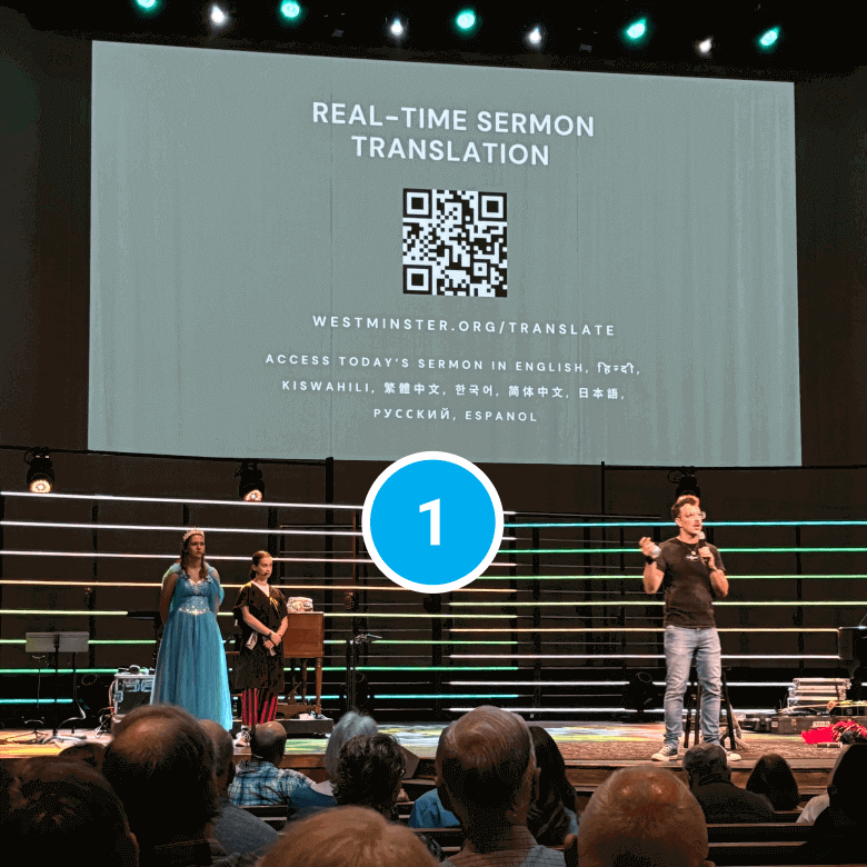 Projector views can show up to four translated languages as well as slides or videos.