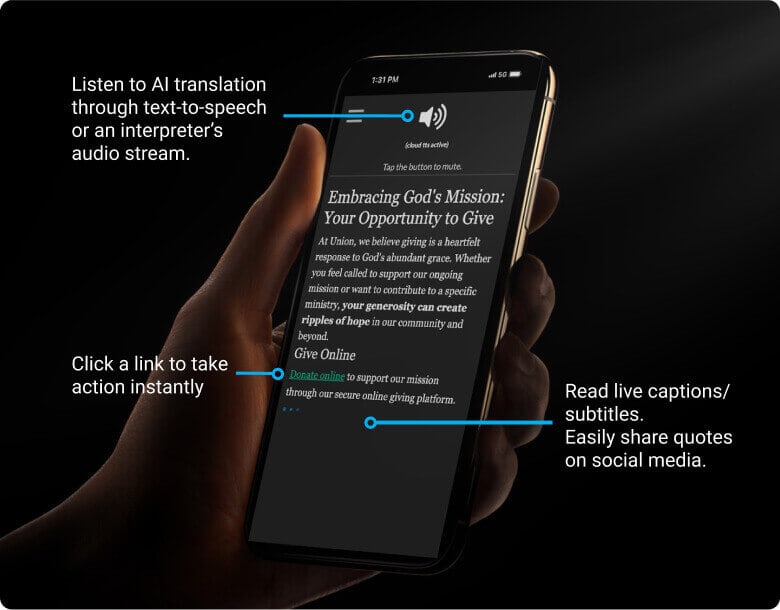 Live church translation in the audience view Mockup of spf.io's church translation system audience view interface where audience can read or listen to live translation.