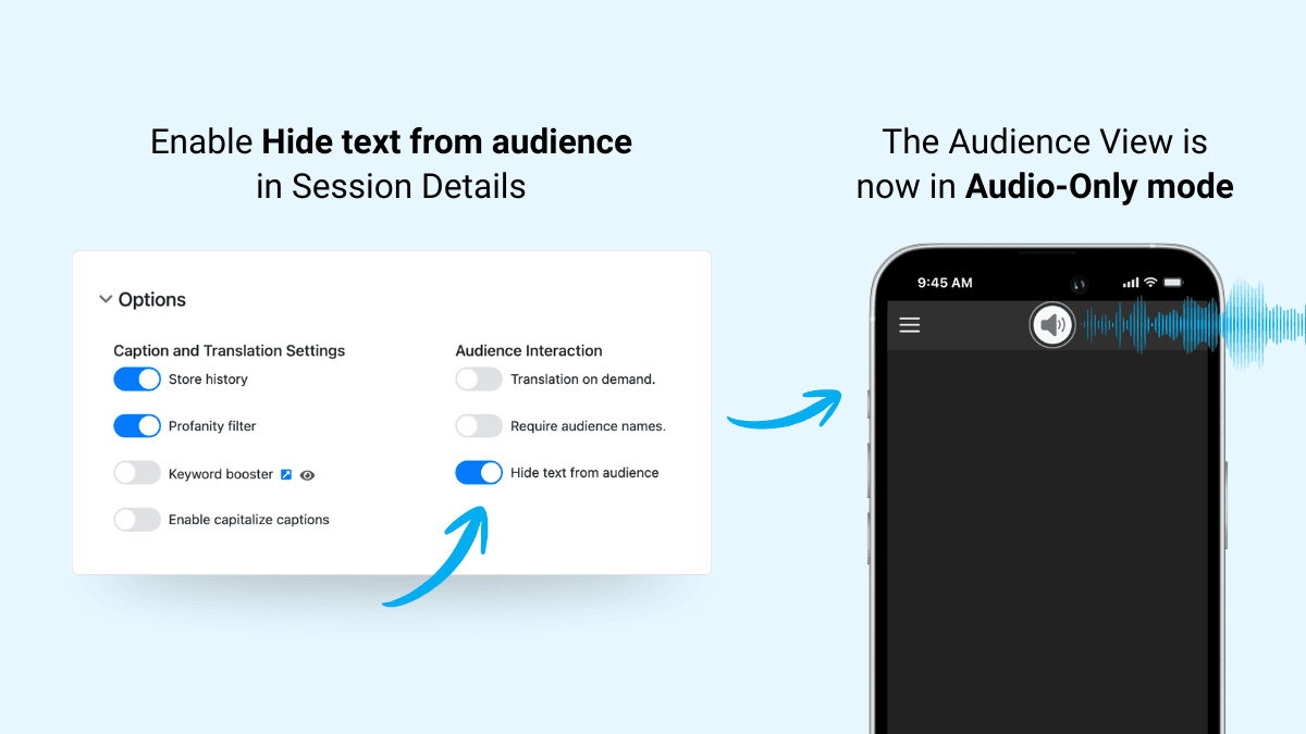 Settings showing how to enable Hide text from audience for audio-only mode in session details.