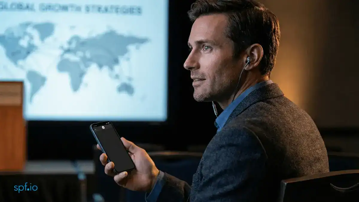 Corporate executive using spf.io for private live translation in audio-only mode during a confidential meeting.