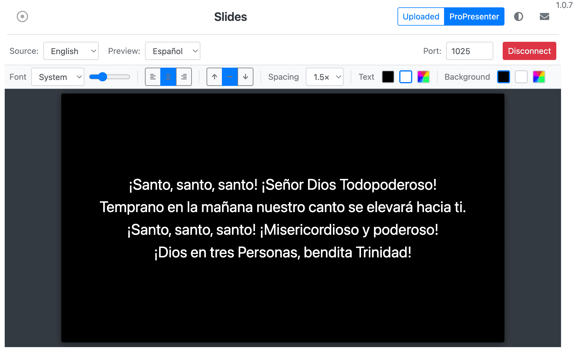 Step3-Connect in the Slides view Screenshot: Slides view with ProPresenter selected in top-right dropdown; showing a live ProPresenter slide with translated content